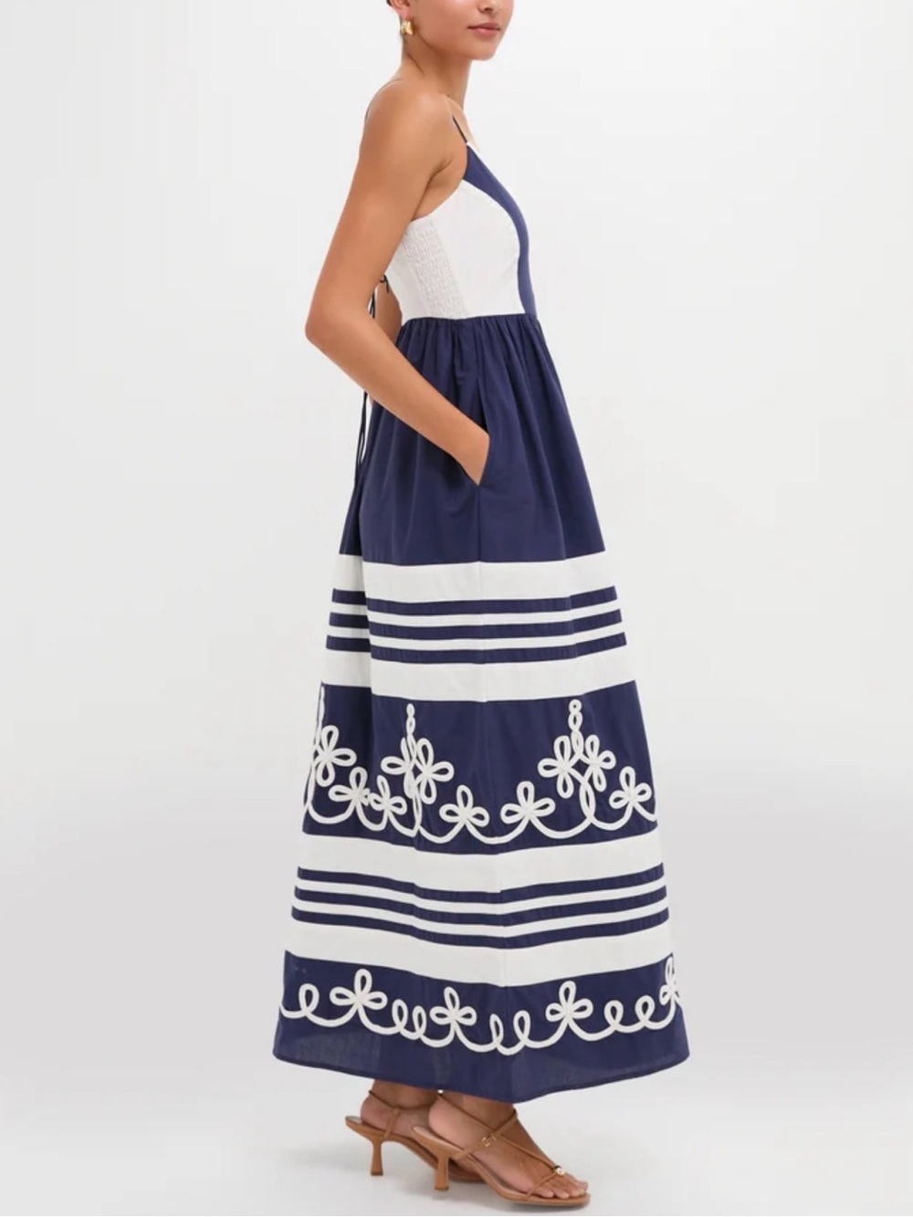 Navy and White Spaghetti-Strap Maxi Dress with Embroidered Stripe Detail - Picture 2 of 6